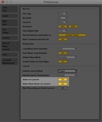 Scene Launch preference in Ableton Live.