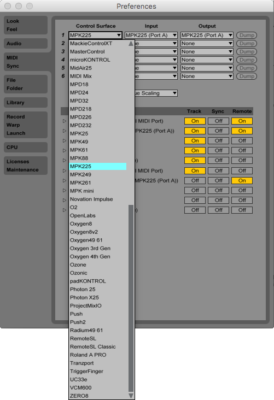 Control surface selection in Ableton Live.