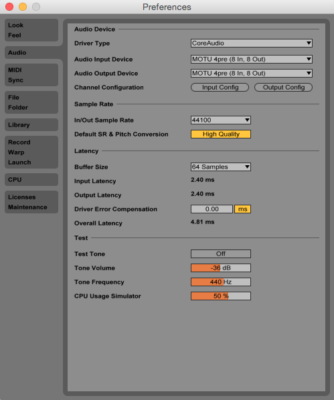 Screenshot of Live's preferences window