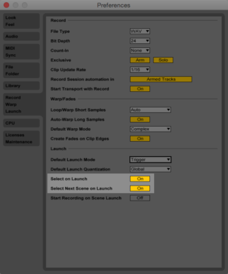 Screenshot of Live's preferences window with Scene Launch options highlighted