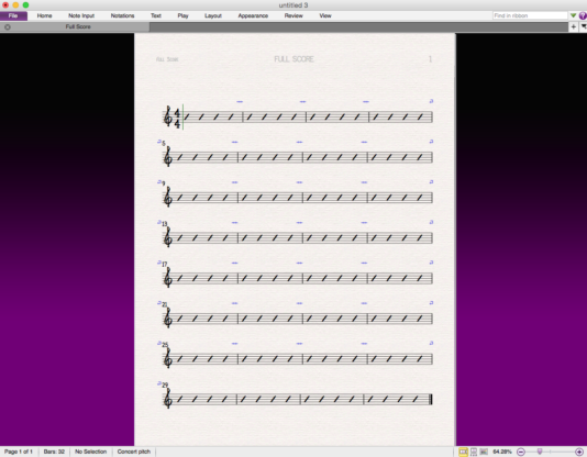 A musical score filled completely with slash notation open in Sibelius