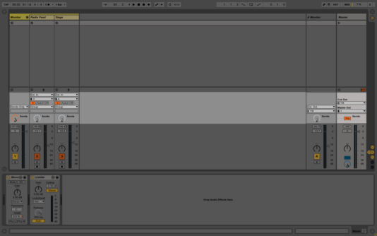 Live's session view with basic tracks loaded and the I/O area on each track highlighted