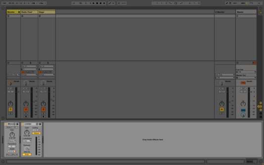 Live session view with track's effect window near bottom of window highlighted