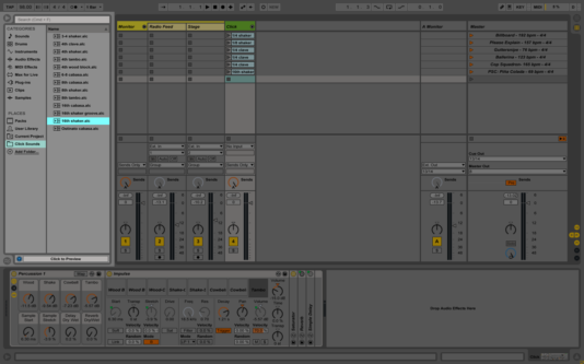 Screenshot of Live's session view with file browser on left open and highlighted