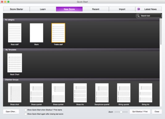 The Sibelius template chooser window