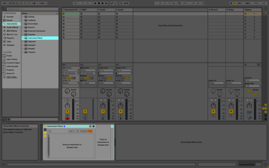 Live's session view with a blank Instrument Rack loaded and highlighted