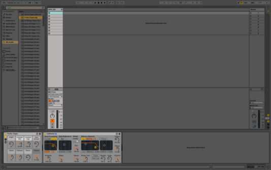 Screenshot of Live session view with a track and its instrument devices highlighted