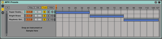 Screenshot of the chain selector of Live's Instrument Rack with zones expanded