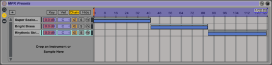 A screenshot of a Live Instrument Rack in MIDI Map mode
